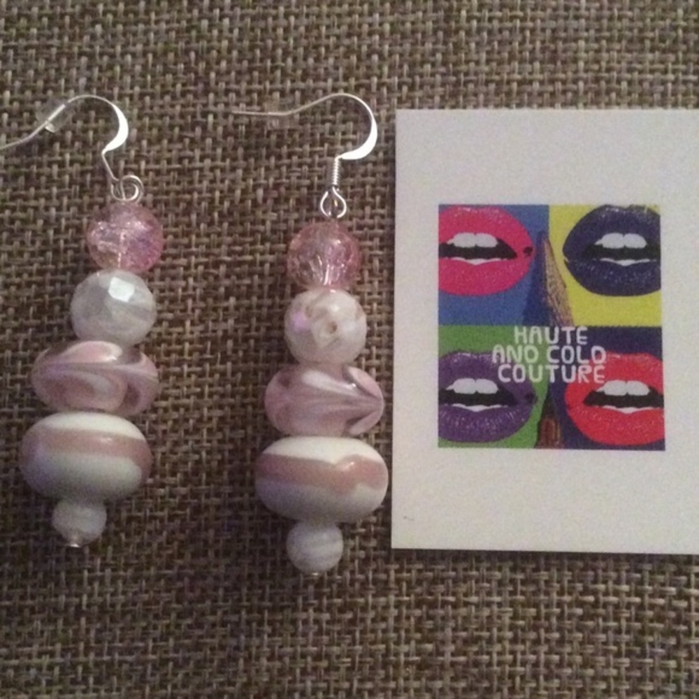 NEW Handmade Floral White & Pink Glass  Earrings